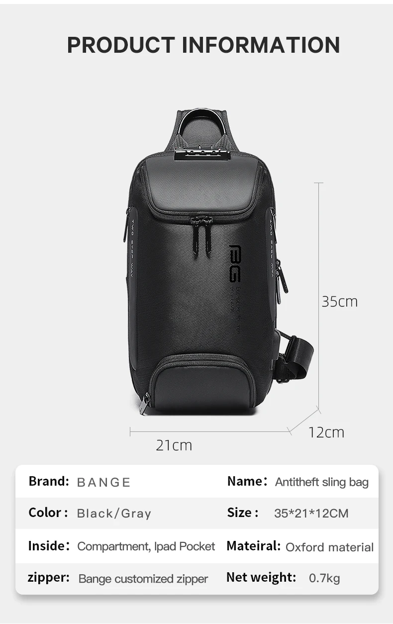 BANGE New Model Class Song Men's Business Anti-Theft Single Shoulder Bag Tech USB Lightweight Outdoor Male Crossbody Chest Bag