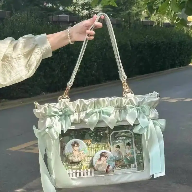 New Y2K Ribbon Bow Ita Crossbody Bag Sweet Girls Transparent Large Capacity Shoulder Bag DIY Display Handbag Lady Satin Tote Bag