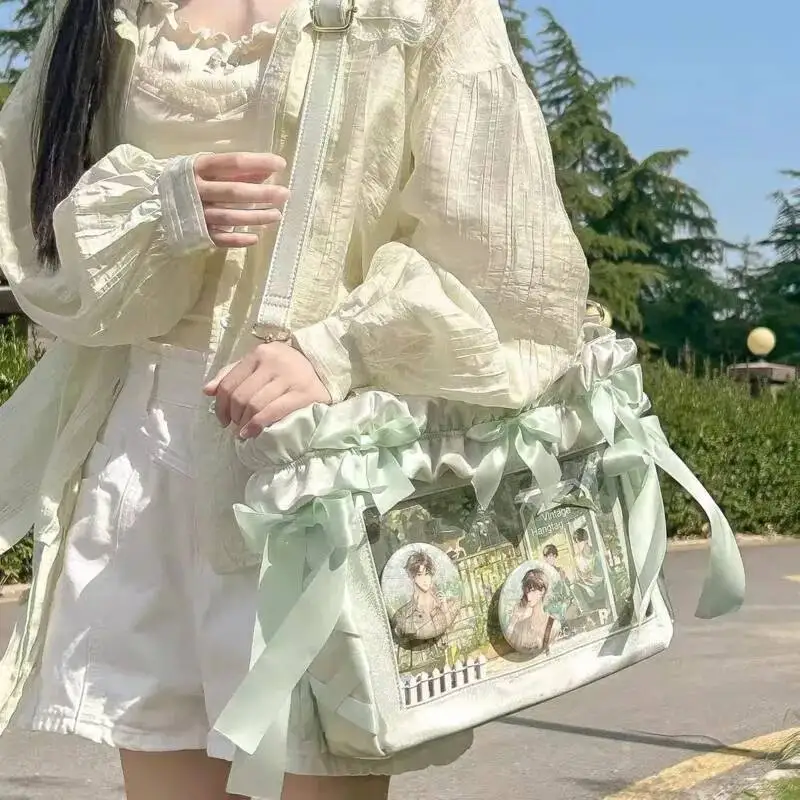 New Y2K Ribbon Bow Ita Crossbody Bag Sweet Girls Transparent Large Capacity Shoulder Bag DIY Display Handbag Lady Satin Tote Bag