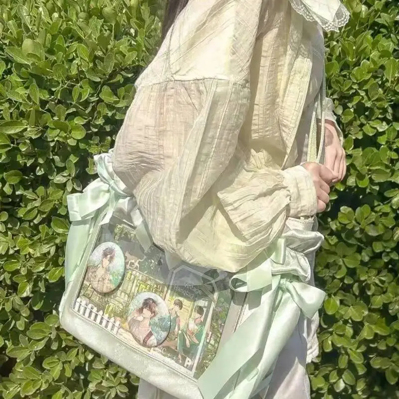 New Y2K Ribbon Bow Ita Crossbody Bag Sweet Girls Transparent Large Capacity Shoulder Bag DIY Display Handbag Lady Satin Tote Bag