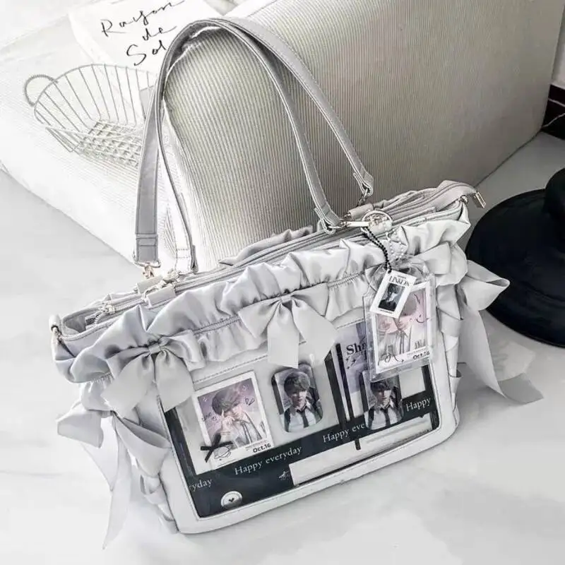 New Y2K Ribbon Bow Ita Crossbody Bag Sweet Girls Transparent Large Capacity Shoulder Bag DIY Display Handbag Lady Satin Tote Bag