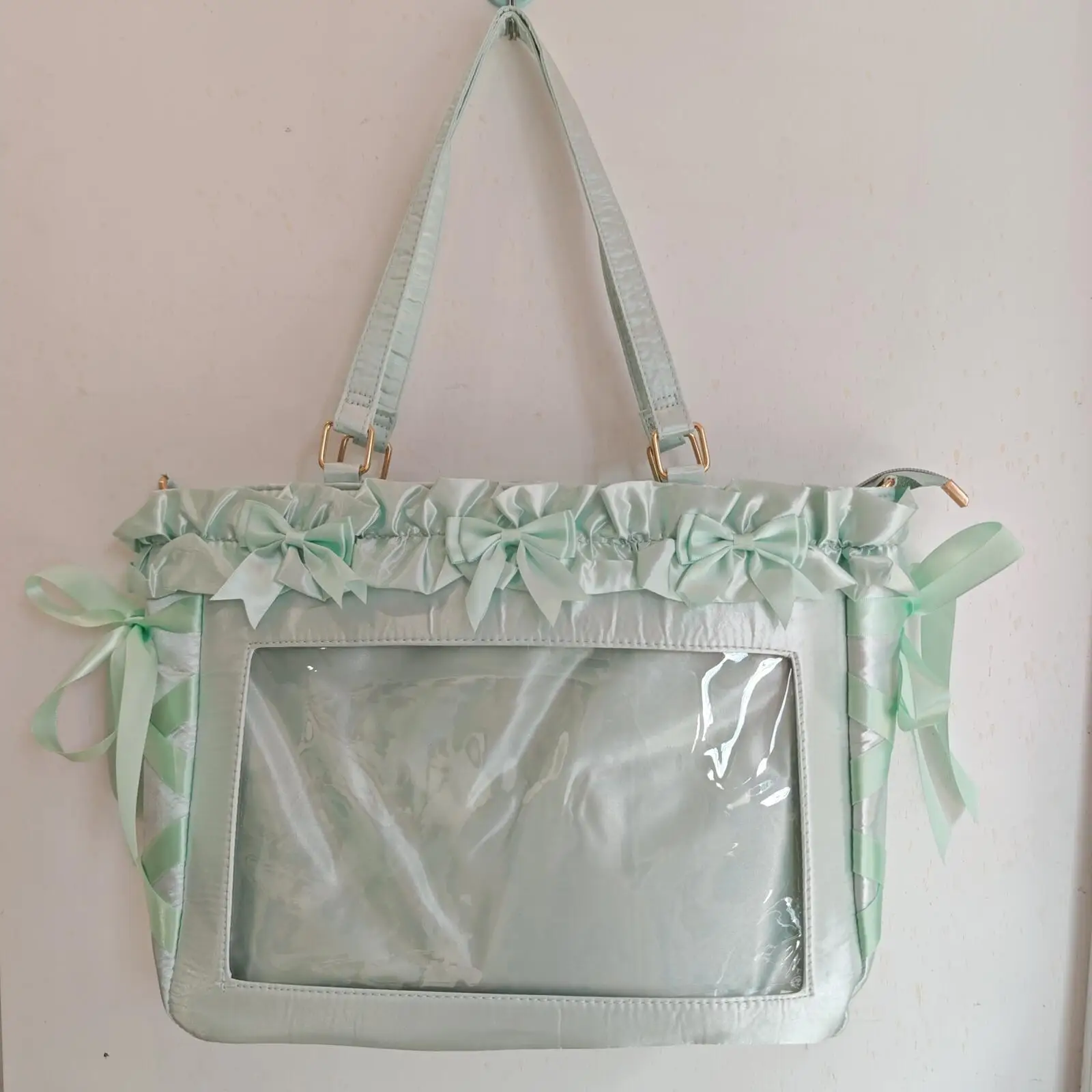 New Y2K Ribbon Bow Ita Crossbody Bag Sweet Girls Transparent Large Capacity Shoulder Bag DIY Display Handbag Lady Satin Tote Bag
