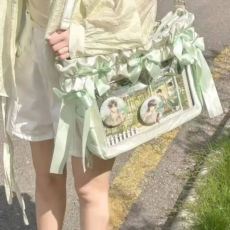 New Y2K Ribbon Bow Ita Crossbody Bag Sweet Girls Transparent Large Capacity Shoulder Bag DIY Display Handbag Lady Satin Tote Bag