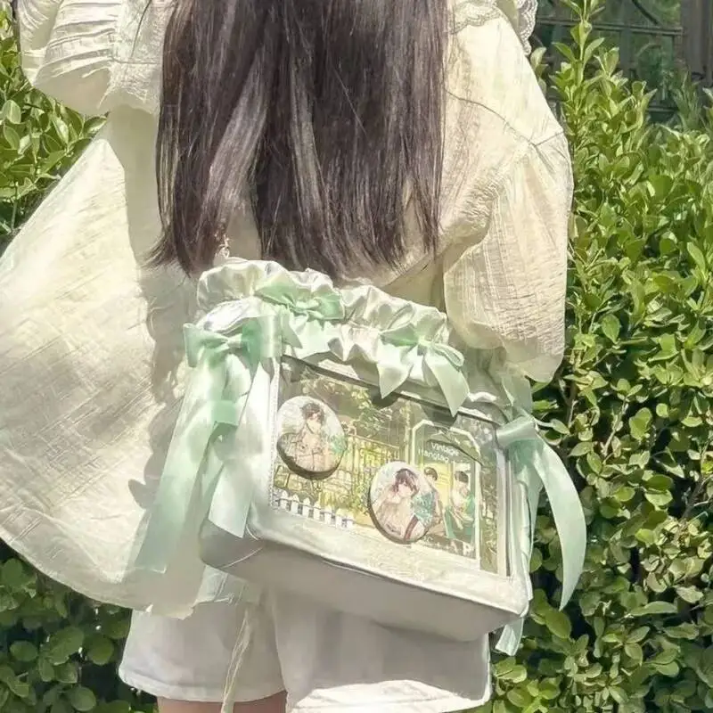New Y2K Ribbon Bow Ita Crossbody Bag Sweet Girls Transparent Large Capacity Shoulder Bag DIY Display Handbag Lady Satin Tote Bag