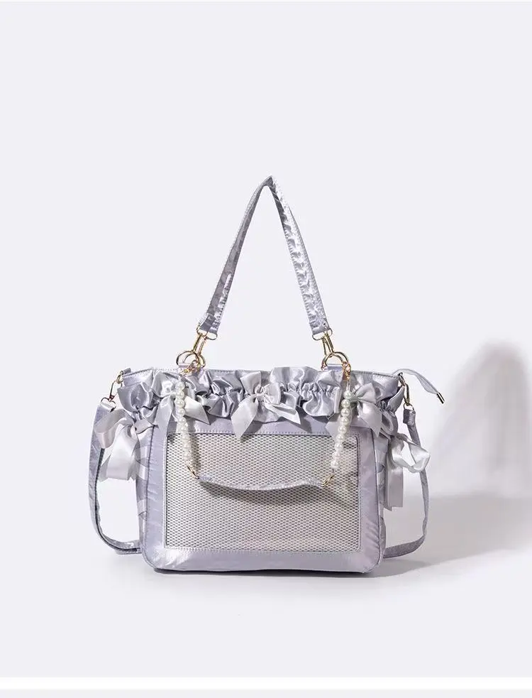 New Y2K Ribbon Bow Ita Crossbody Bag Sweet Girls Transparent Large Capacity Shoulder Bag DIY Display Handbag Lady Satin Tote Bag
