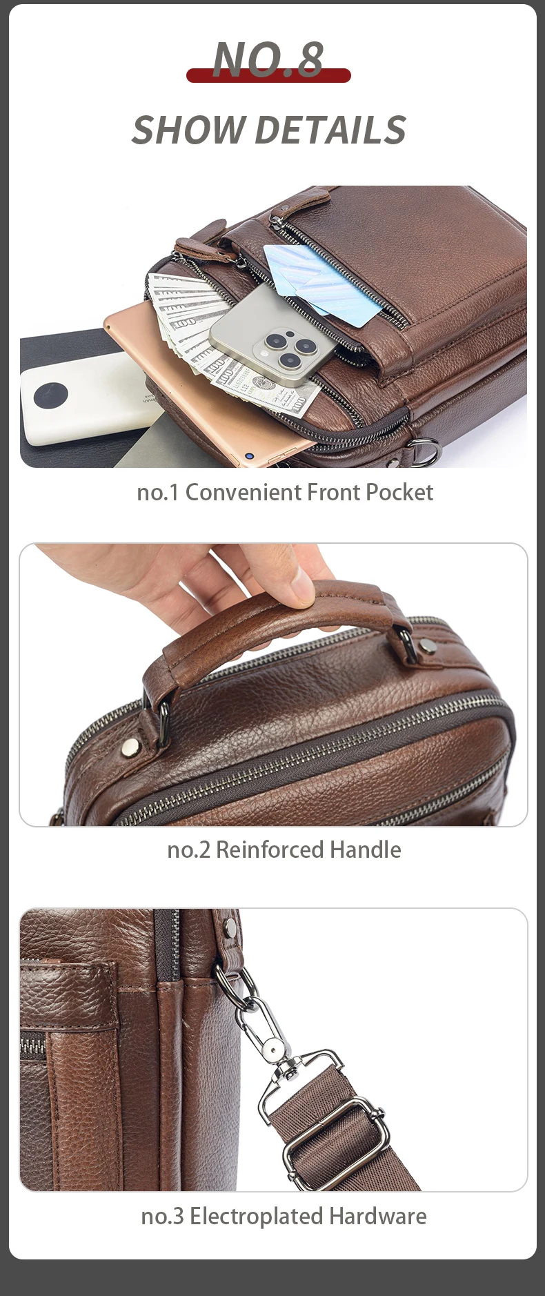 LION VERA Men's Shoulder Bag Casual Mobile Phone Zipper Bag Large Capacity Business Genuine Leather Travel Crossbody Bag