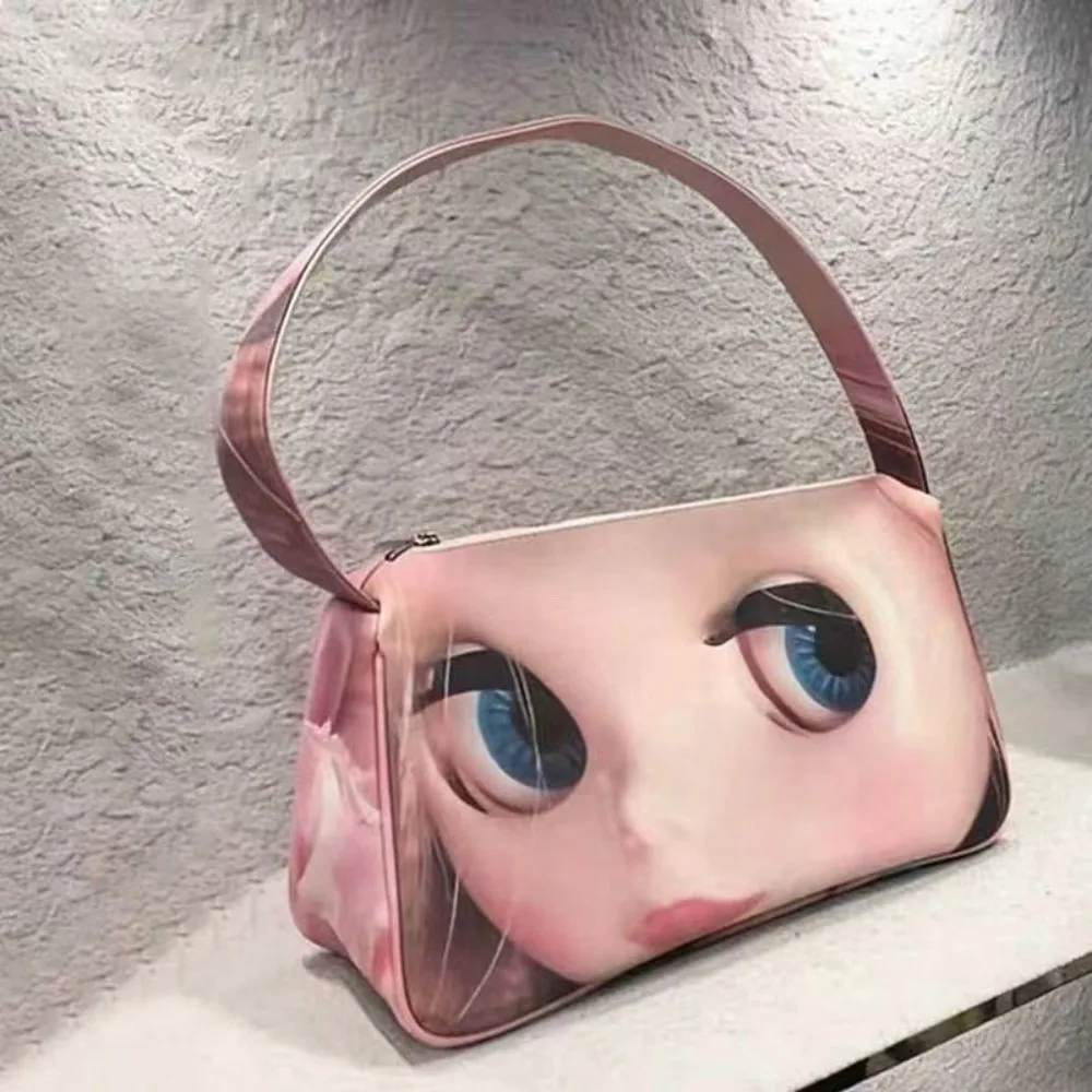 Y2K Doll Print Cloud Bag Women PU Leather Underarm Shoulder Bag Large Capacity Dumpling Shape Casual Crossbody Tote