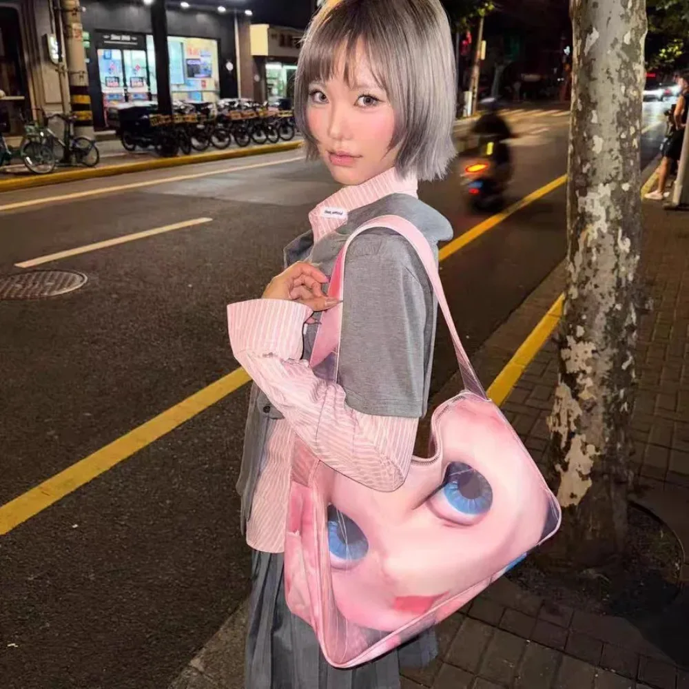Y2K Doll Print Cloud Bag Women PU Leather Underarm Shoulder Bag Large Capacity Dumpling Shape Casual Crossbody Tote