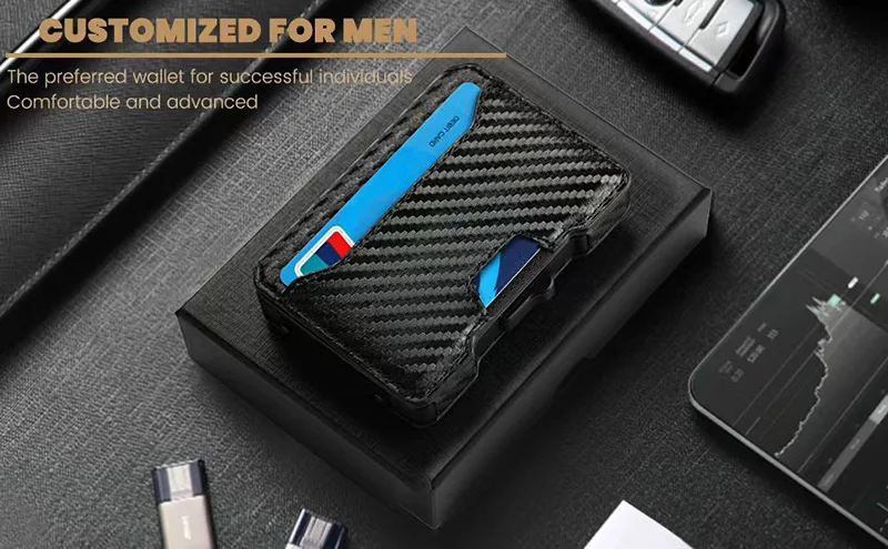 Aluminum Pop Up Card Case and Leather Slots Credit Card Holder RFID Blocking Wallet for Men with Gift Box