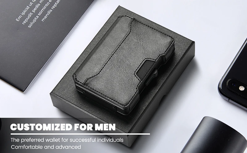 Aluminum Pop Up Card Case and Leather Slots Credit Card Holder RFID Blocking Wallet for Men with Gift Box