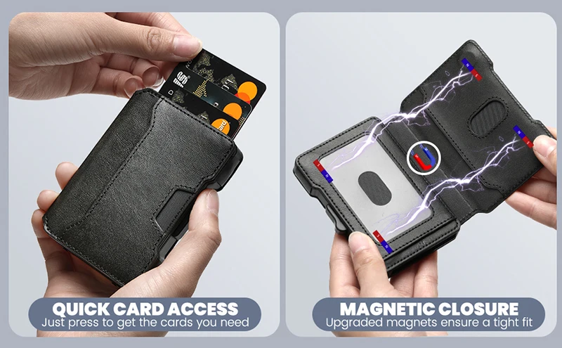 Aluminum Pop Up Card Case and Leather Slots Credit Card Holder RFID Blocking Wallet for Men with Gift Box