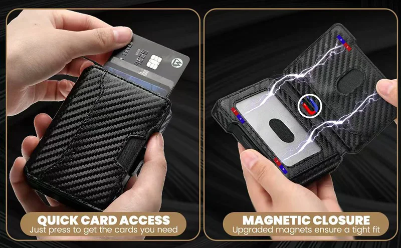 Aluminum Pop Up Card Case and Leather Slots Credit Card Holder RFID Blocking Wallet for Men with Gift Box