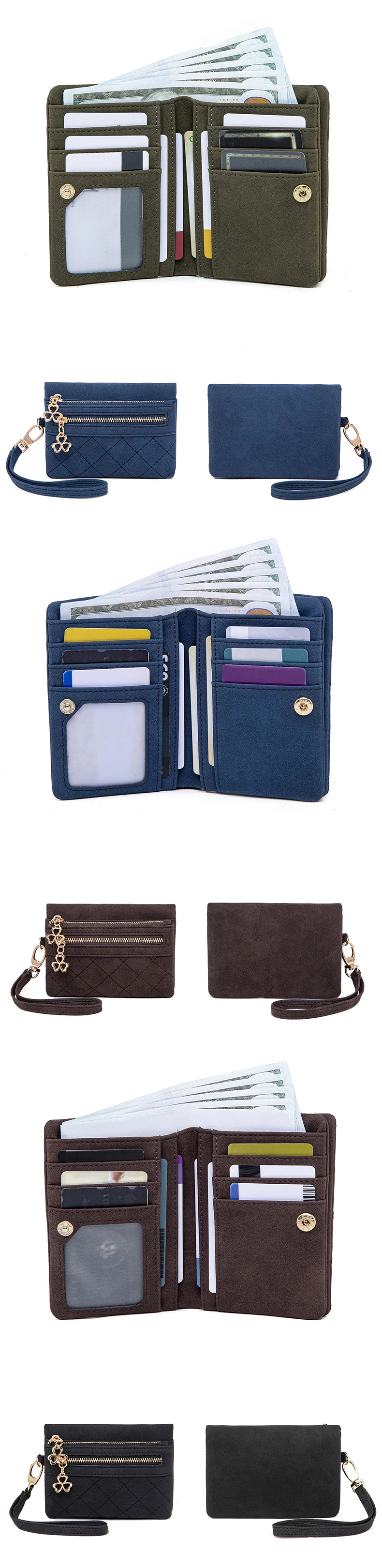Retro Bi-Fold Women's Wallet Stylish Stitched Diamond Patterned Coin Purse High-Quality PU Leather Short Wallet with Wrist Strap