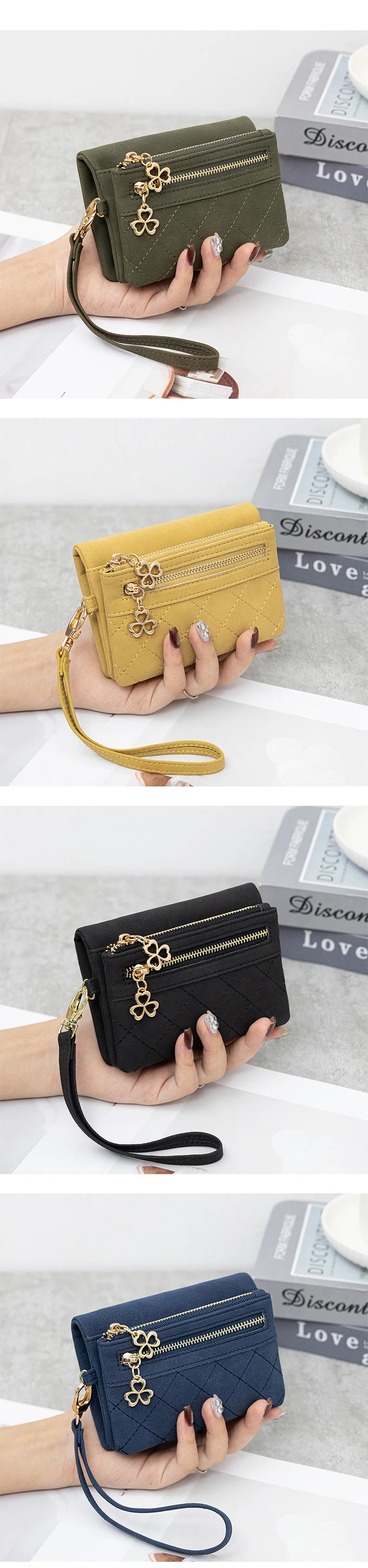 Retro Bi-Fold Women's Wallet Stylish Stitched Diamond Patterned Coin Purse High-Quality PU Leather Short Wallet with Wrist Strap