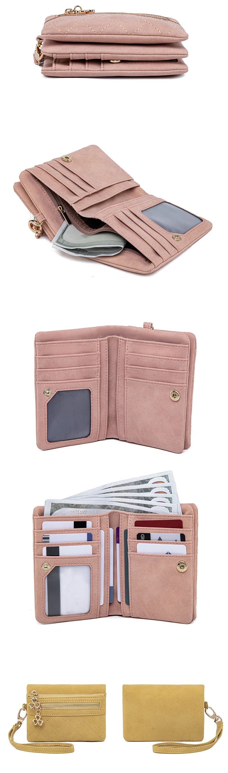 Retro Bi-Fold Women's Wallet Stylish Stitched Diamond Patterned Coin Purse High-Quality PU Leather Short Wallet with Wrist Strap