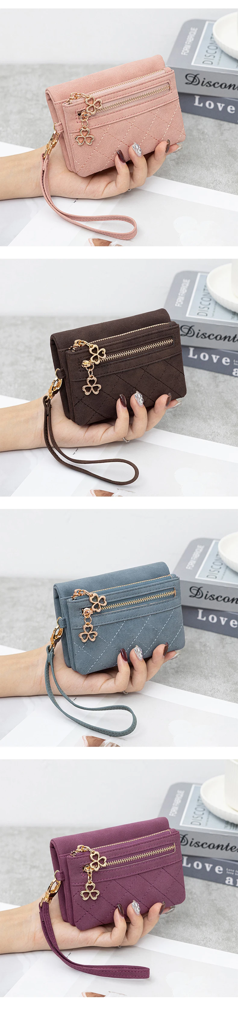 Retro Bi-Fold Women's Wallet Stylish Stitched Diamond Patterned Coin Purse High-Quality PU Leather Short Wallet with Wrist Strap