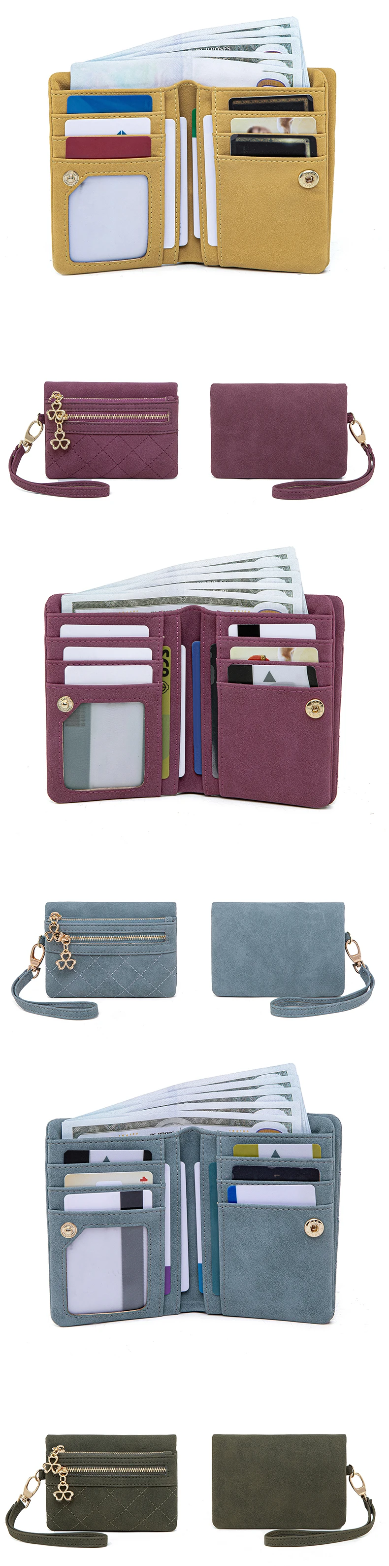 Retro Bi-Fold Women's Wallet Stylish Stitched Diamond Patterned Coin Purse High-Quality PU Leather Short Wallet with Wrist Strap