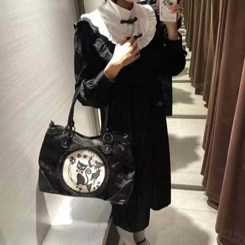 Vintage Black Cat Print Tote Bag Women Dark Gothic Style Large Capacity Handbag Ladies Fashion Commuter Elegant Shoulder Bag New
