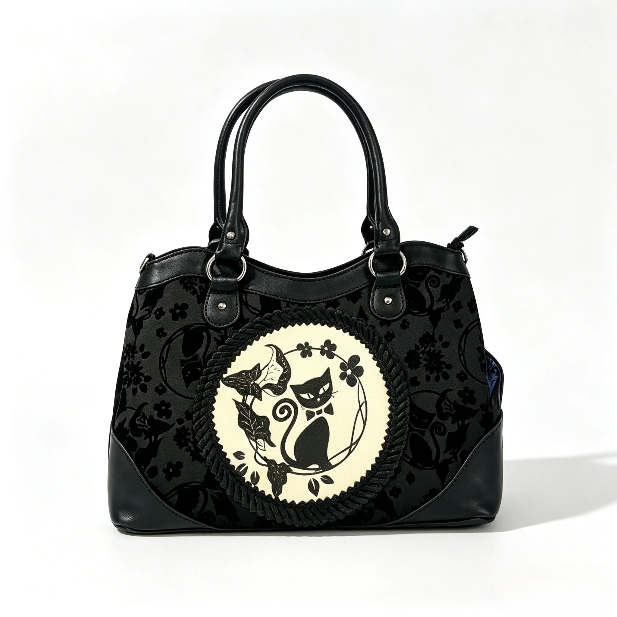 Vintage Black Cat Print Tote Bag Women Dark Gothic Style Large Capacity Handbag Ladies Fashion Commuter Elegant Shoulder Bag New