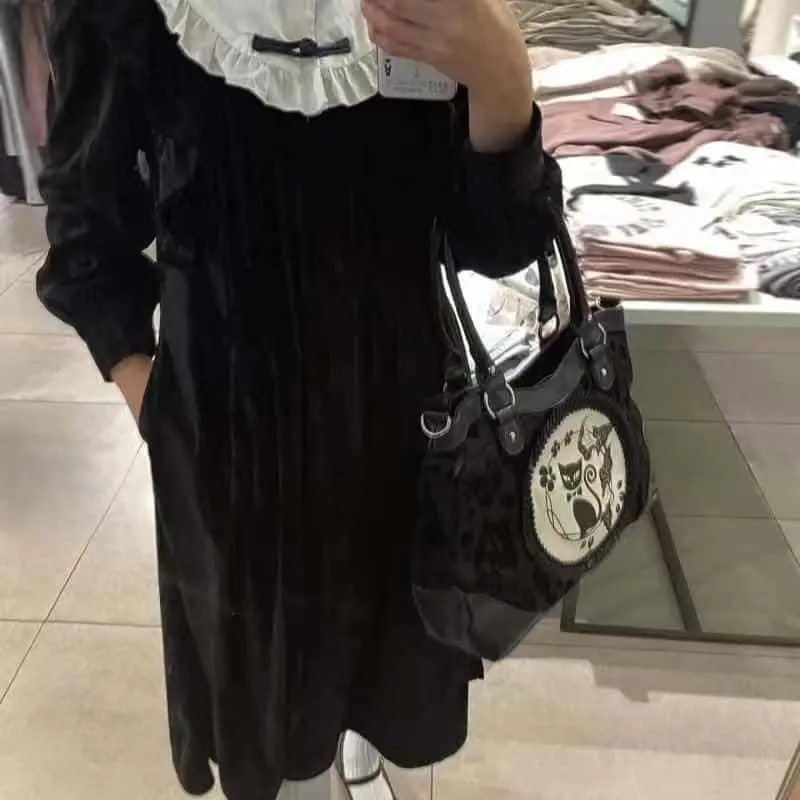 Vintage Black Cat Print Tote Bag Women Dark Gothic Style Large Capacity Handbag Ladies Fashion Commuter Elegant Shoulder Bag New