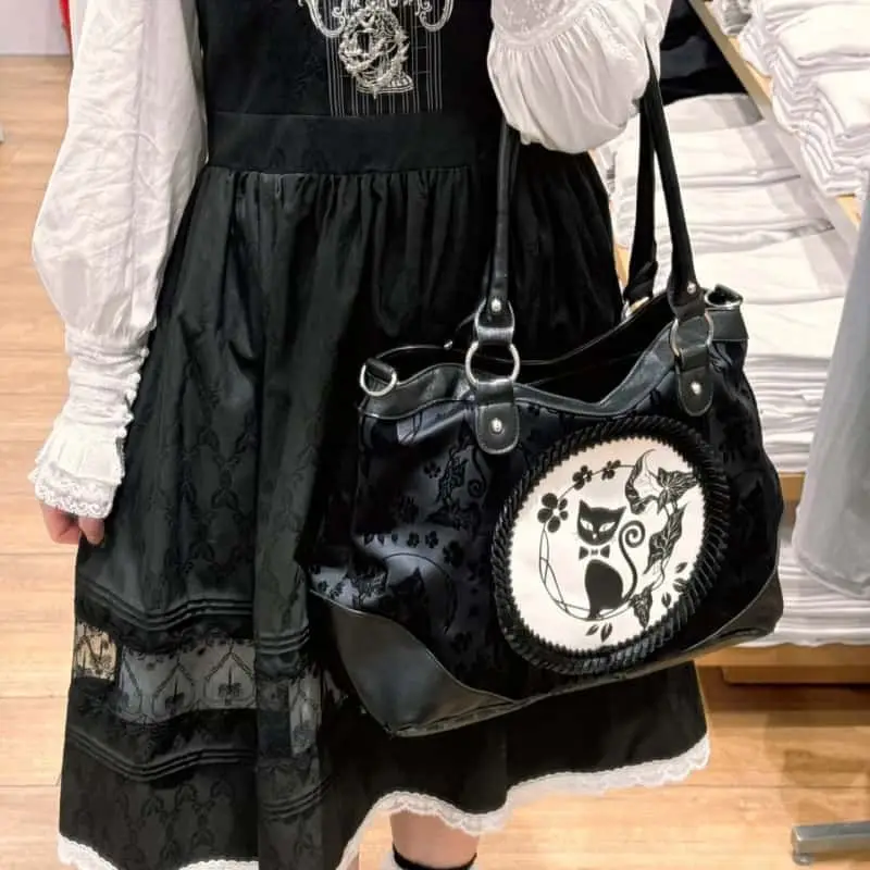 Vintage Black Cat Print Tote Bag Women Dark Gothic Style Large Capacity Handbag Ladies Fashion Commuter Elegant Shoulder Bag New