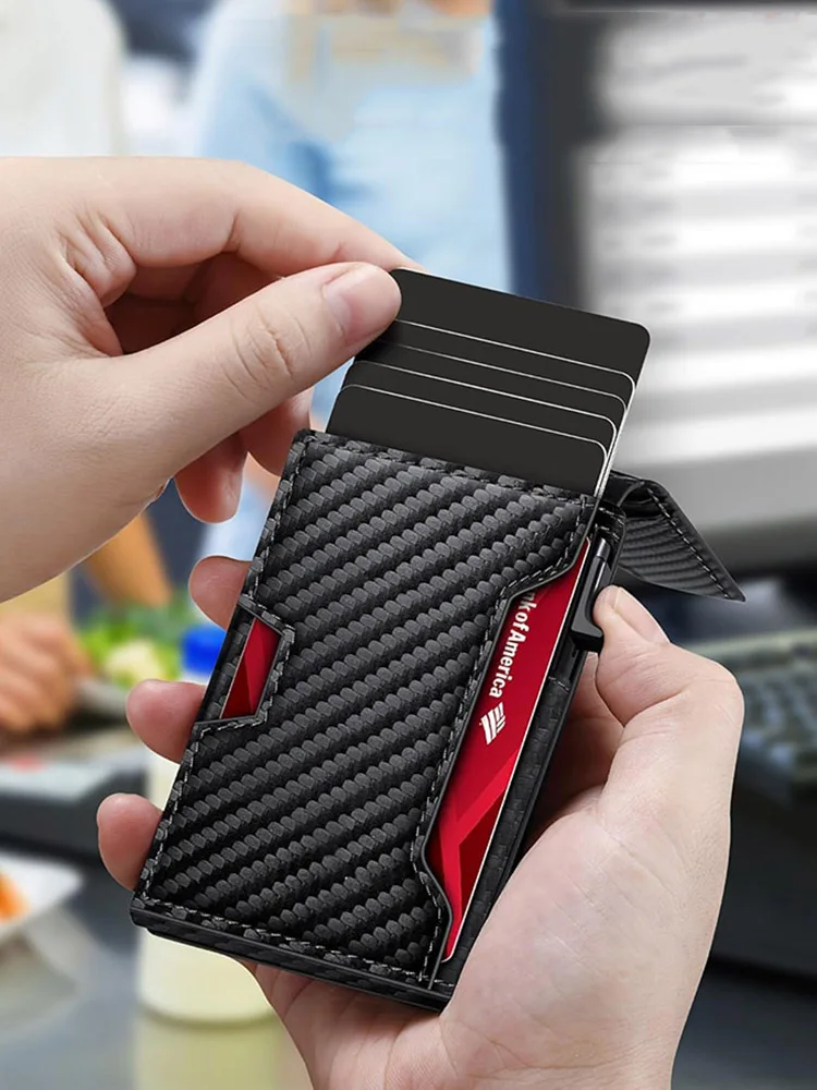 Men Vintage Leather Wallet RFID Blocking Aluminum Auto Pop Up Credit Card Holder for Men