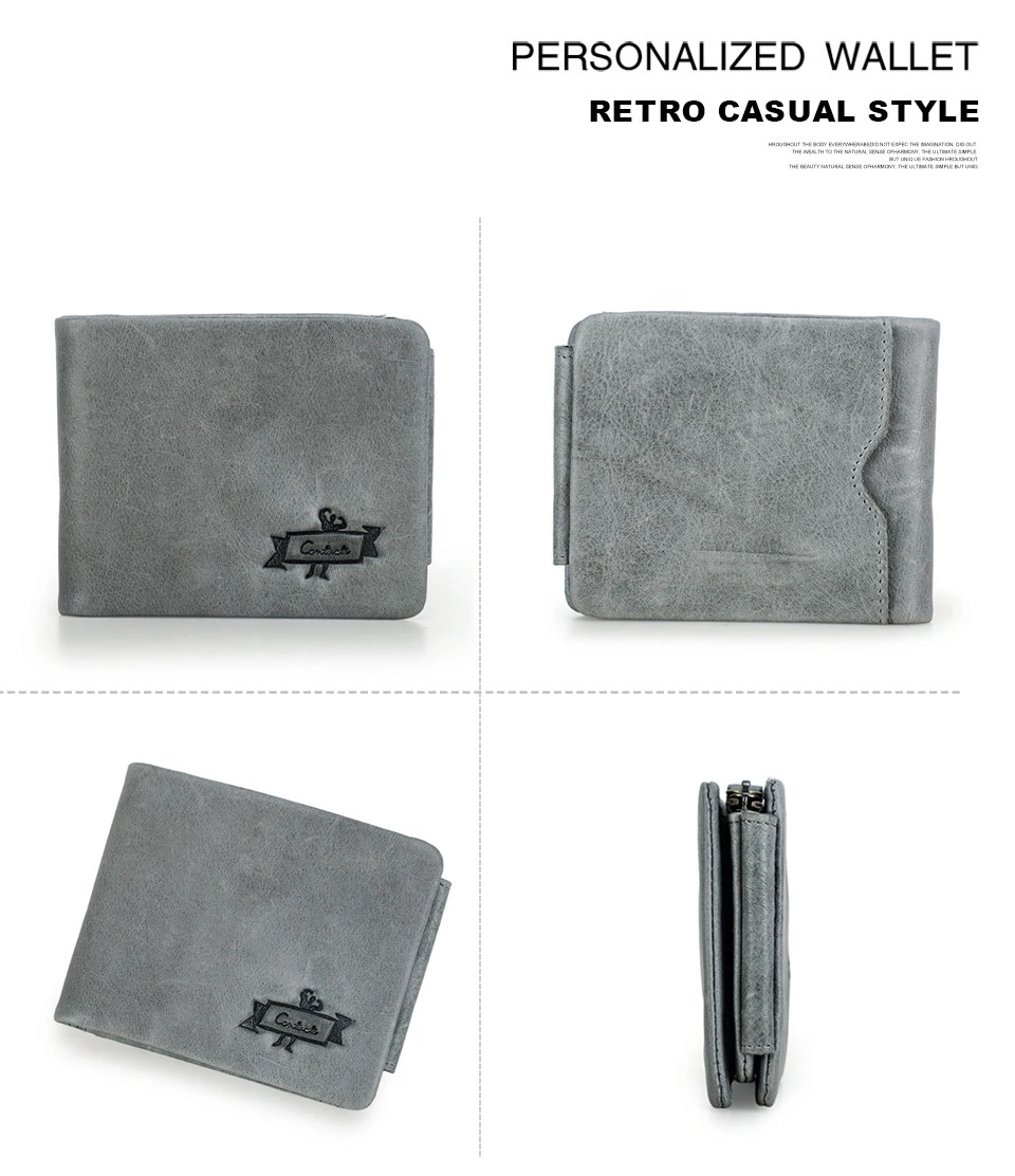 CONTACT'S Genuine Crazy Horse Leather Men Wallets Vintage Trifold Wallet Zip Coin Pocket Purse Cowhide Leather Wallet For Mens
