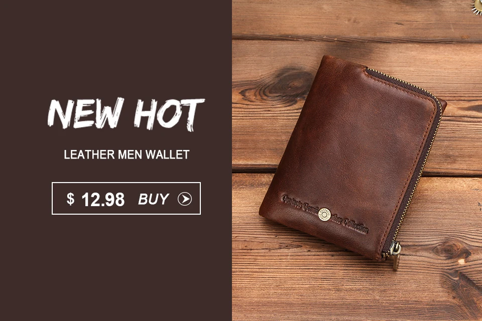CONTACT'S Genuine Crazy Horse Leather Men Wallets Vintage Trifold Wallet Zip Coin Pocket Purse Cowhide Leather Wallet For Mens