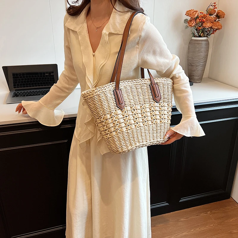Summer Straw Bags for Women Straw Shoulder Bags Rattan Woven Top Handle Bag Hollow Raffia Crochet Beach Bag Casual Handbags