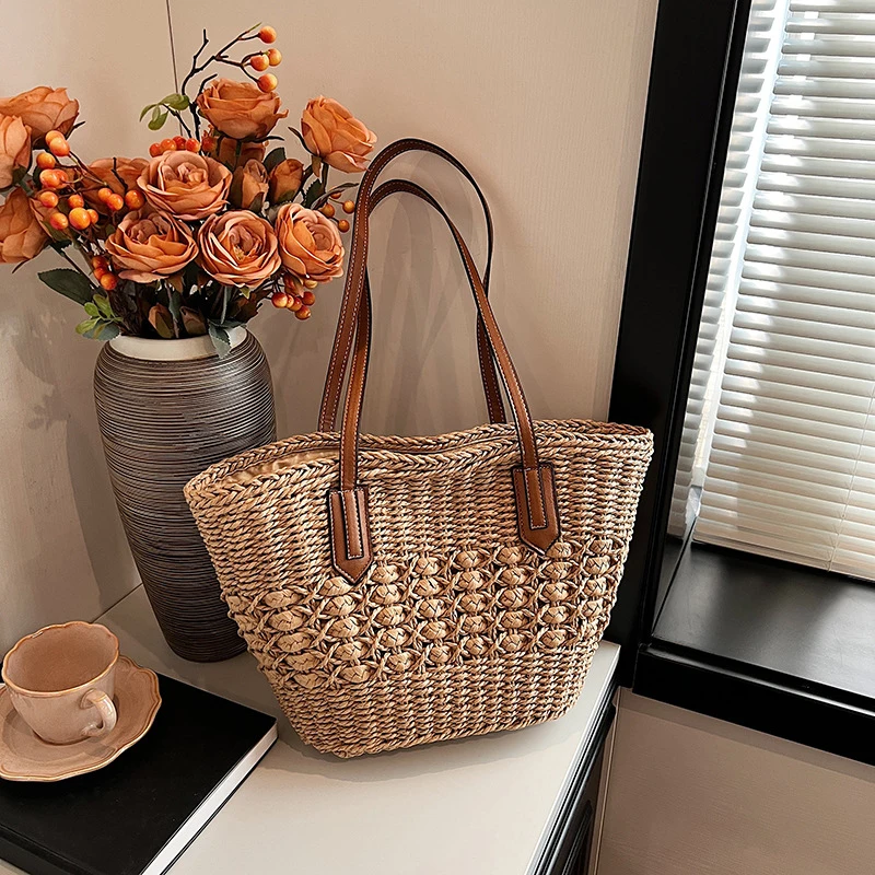 Summer Straw Bags for Women Straw Shoulder Bags Rattan Woven Top Handle Bag Hollow Raffia Crochet Beach Bag Casual Handbags