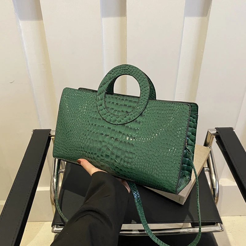 Women's Crocodile Pattern PU Leather Handbags Green Square Bag Fashion Brand Shoulder Messenger Bags Female Clutches