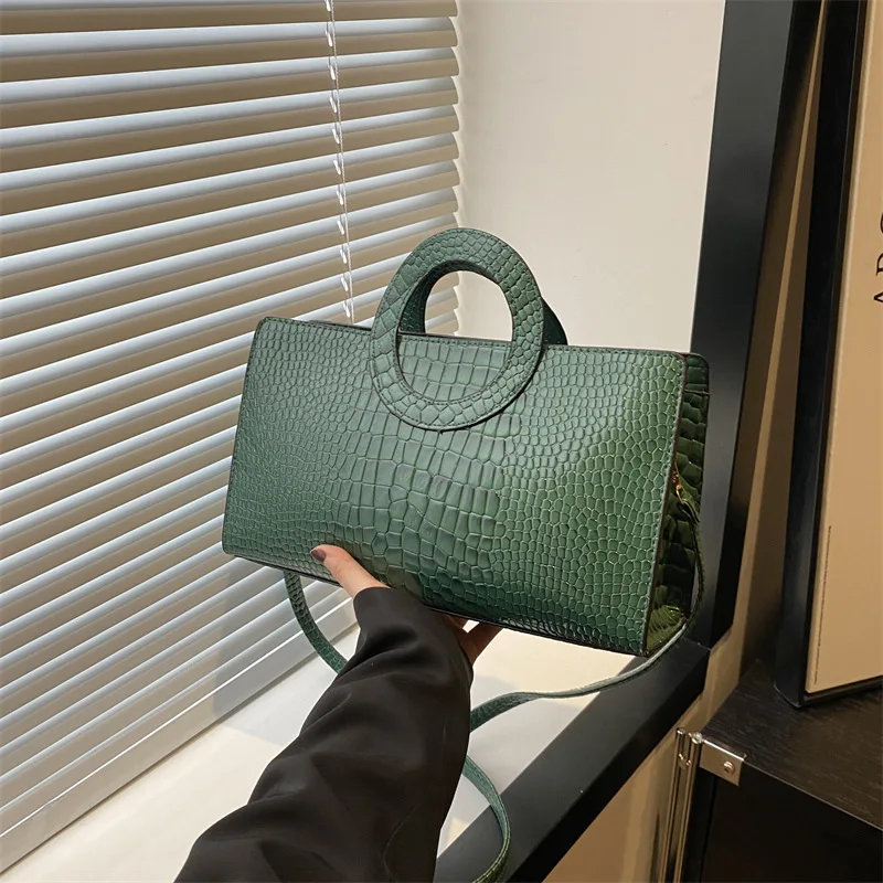 Women's Crocodile Pattern PU Leather Handbags Green Square Bag Fashion Brand Shoulder Messenger Bags Female Clutches
