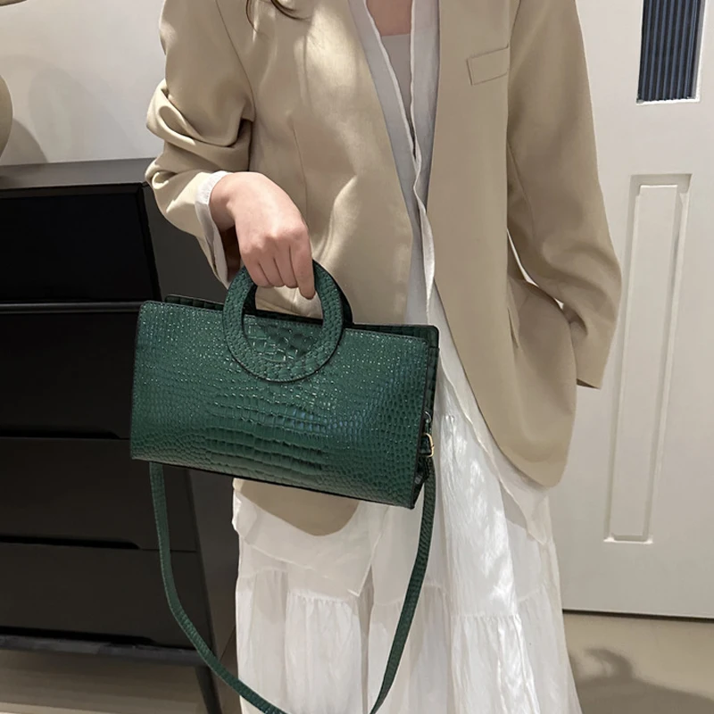Women's Crocodile Pattern PU Leather Handbags Green Square Bag Fashion Brand Shoulder Messenger Bags Female Clutches