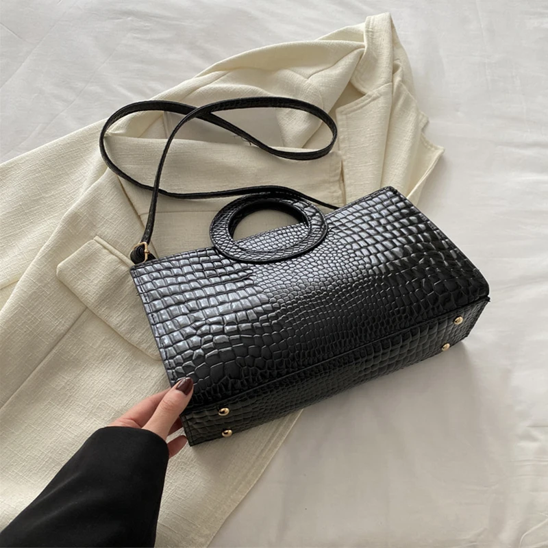 Women's Crocodile Pattern PU Leather Handbags Green Square Bag Fashion Brand Shoulder Messenger Bags Female Clutches