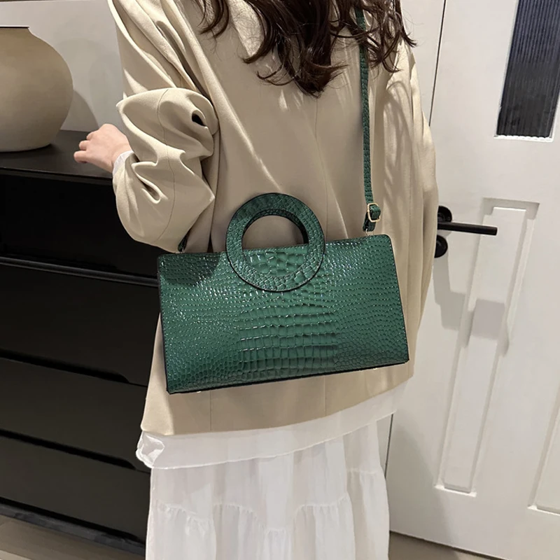 Women's Crocodile Pattern PU Leather Handbags Green Square Bag Fashion Brand Shoulder Messenger Bags Female Clutches