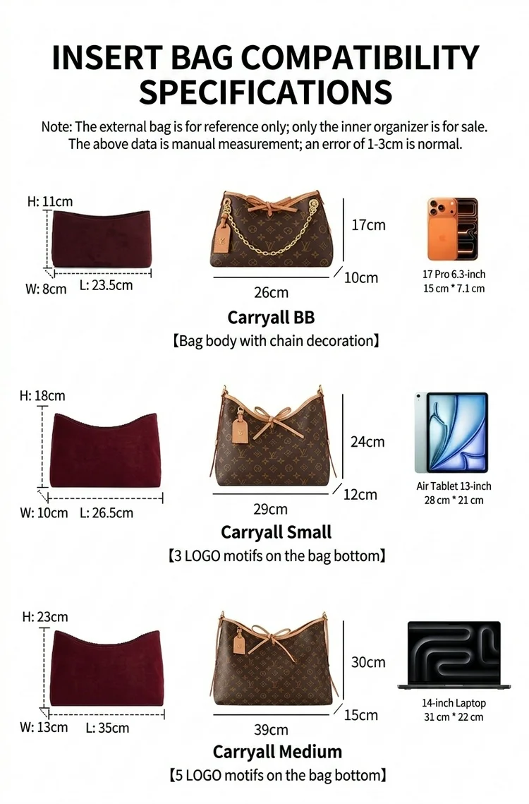 High-grade Bag Insert for LV Carryall MM PM Velvet Organizer Insert Storage Bag Support Anti-deformation Bag Accessories