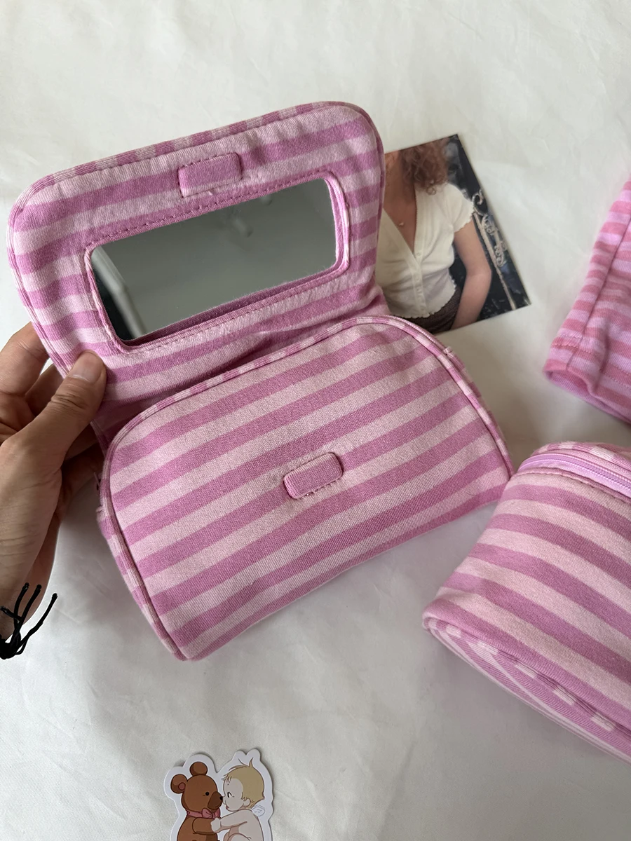 Pink Striped Flip-top Makeup Bag Women Portable Zipper Cosmetic Travel Organizer Girls Cute Sweet Mirror Handbag Toiletry Pouch