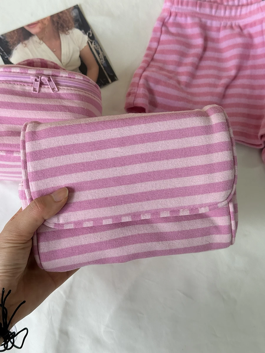Pink Striped Flip-top Makeup Bag Women Portable Zipper Cosmetic Travel Organizer Girls Cute Sweet Mirror Handbag Toiletry Pouch