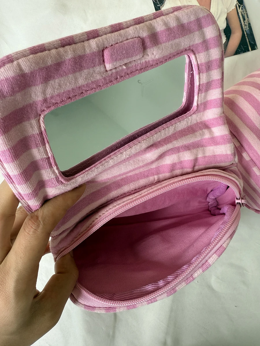 Pink Striped Flip-top Makeup Bag Women Portable Zipper Cosmetic Travel Organizer Girls Cute Sweet Mirror Handbag Toiletry Pouch