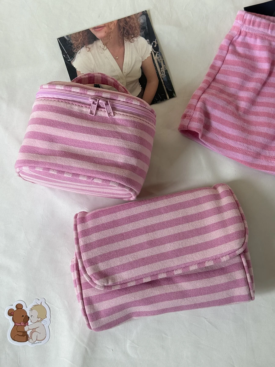 Pink Striped Flip-top Makeup Bag Women Portable Zipper Cosmetic Travel Organizer Girls Cute Sweet Mirror Handbag Toiletry Pouch
