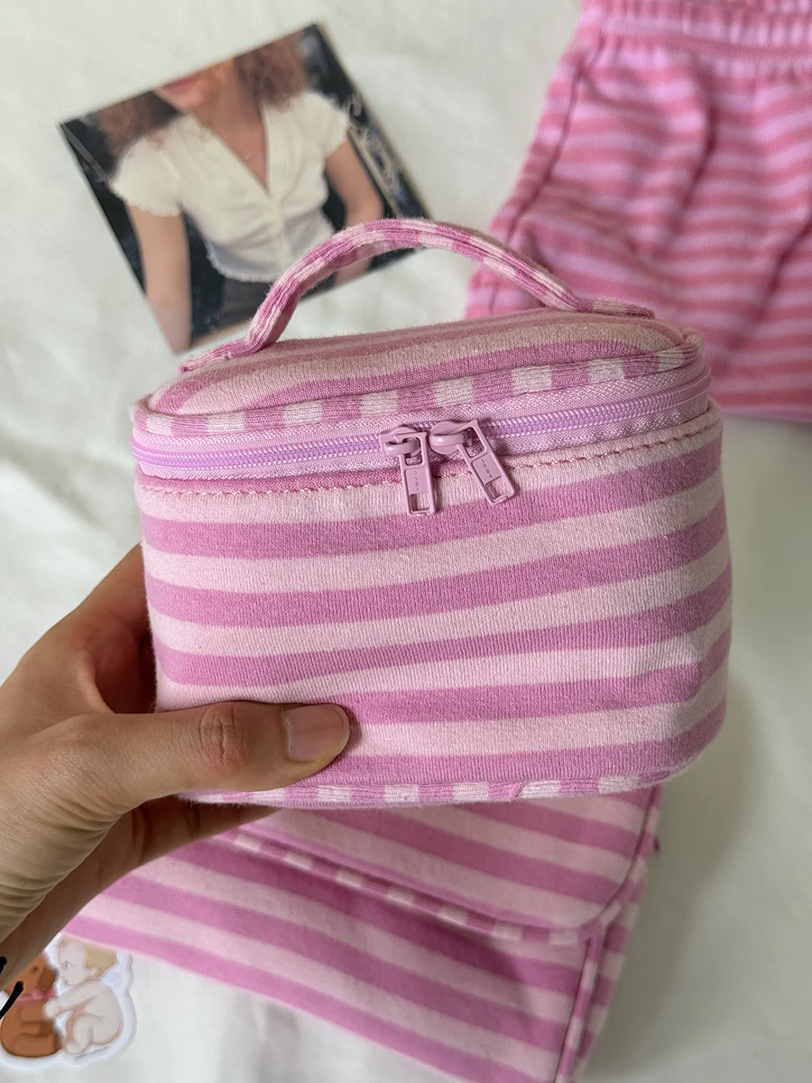 Pink Striped Flip-top Makeup Bag Women Portable Zipper Cosmetic Travel Organizer Girls Cute Sweet Mirror Handbag Toiletry Pouch