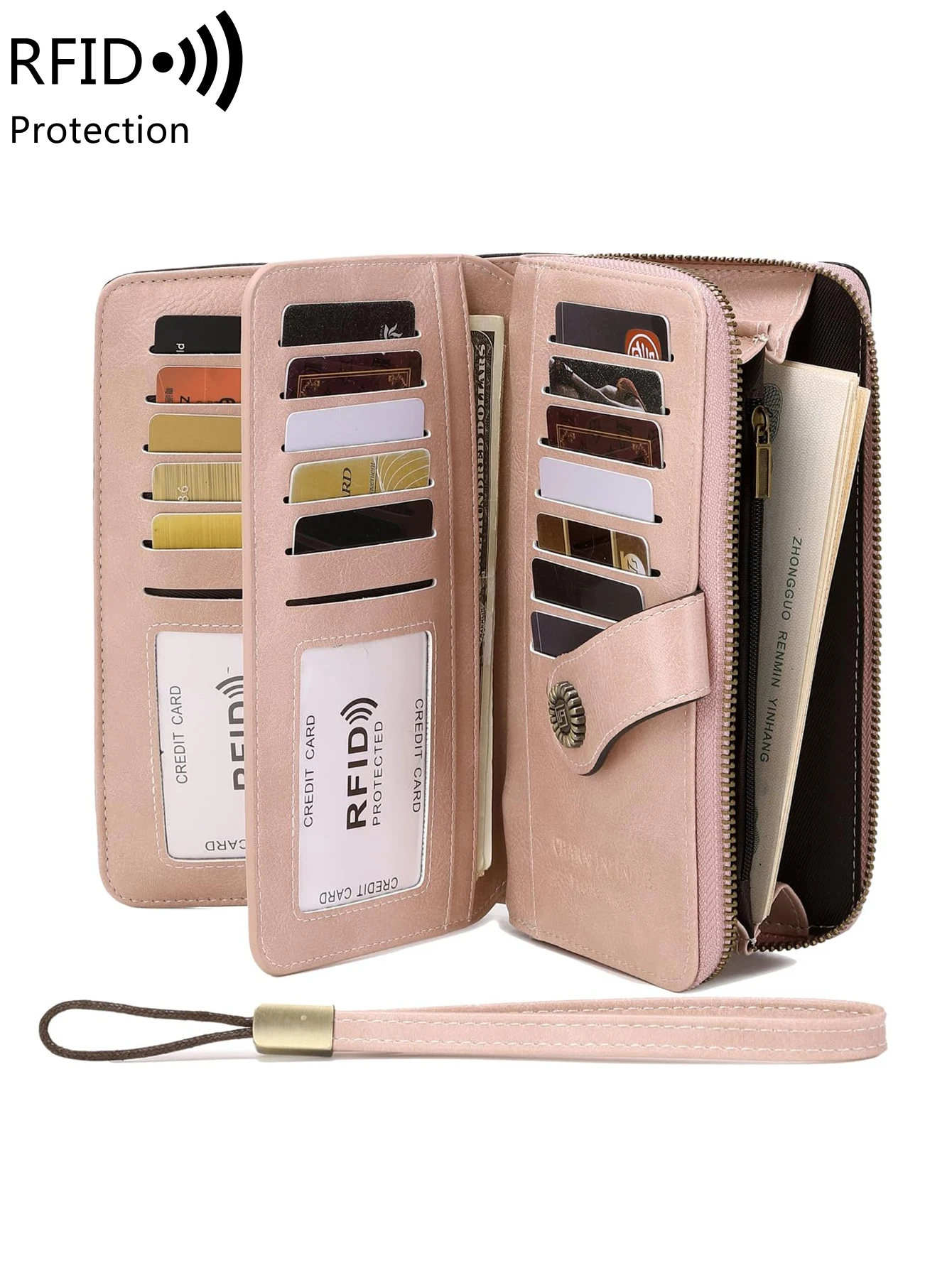 RFID Retro Three Fold Large Capacity Long Wallet Fashionable Solid Color Women's Wallet Multifunctional Zipper Buckle Wallet