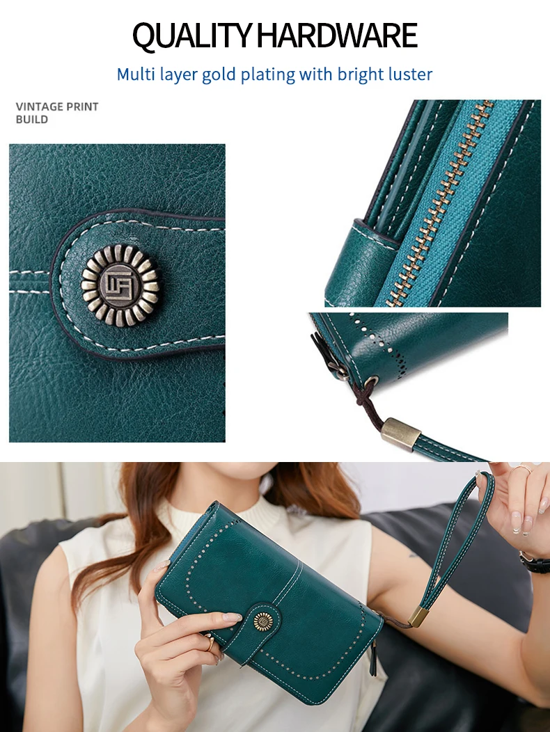 RFID Retro Three Fold Large Capacity Long Wallet Fashionable Solid Color Women's Wallet Multifunctional Zipper Buckle Wallet