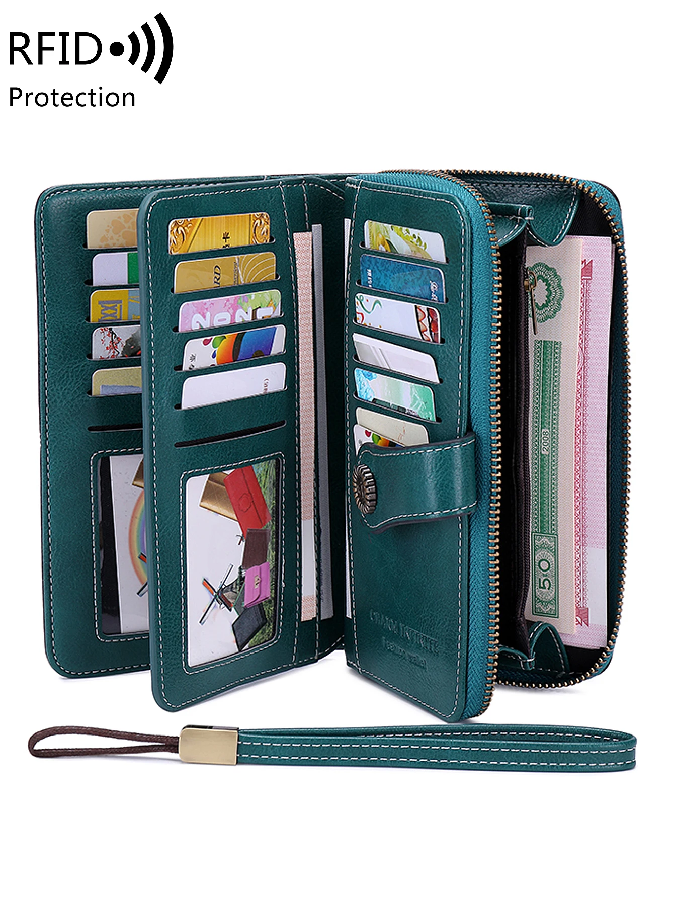 RFID Retro Three Fold Large Capacity Long Wallet Fashionable Solid Color Women's Wallet Multifunctional Zipper Buckle Wallet
