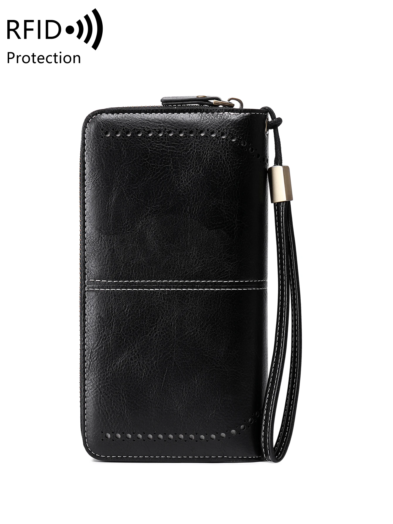 RFID Retro Three Fold Large Capacity Long Wallet Fashionable Solid Color Women's Wallet Multifunctional Zipper Buckle Wallet