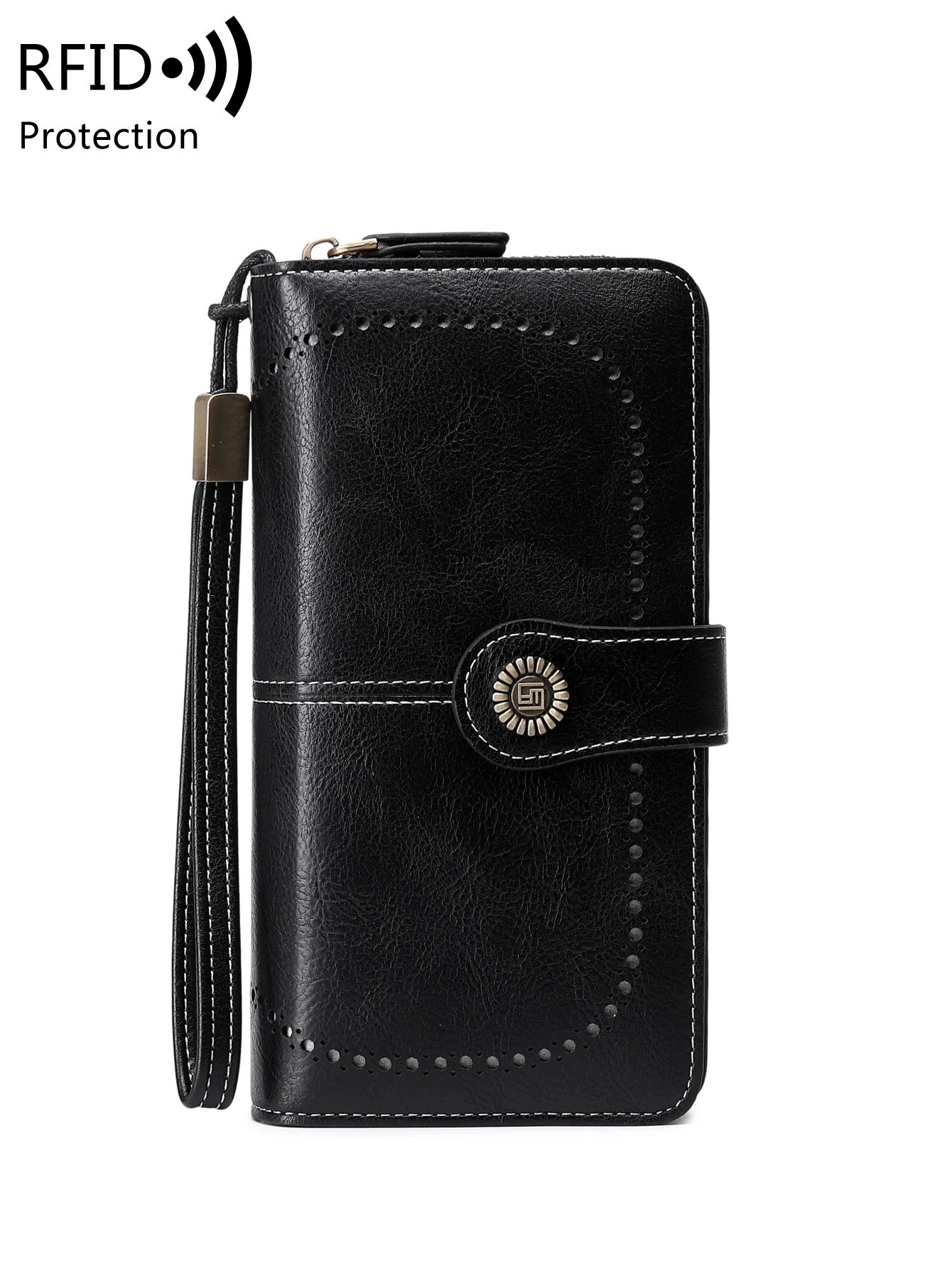 RFID Retro Three Fold Large Capacity Long Wallet Fashionable Solid Color Women's Wallet Multifunctional Zipper Buckle Wallet