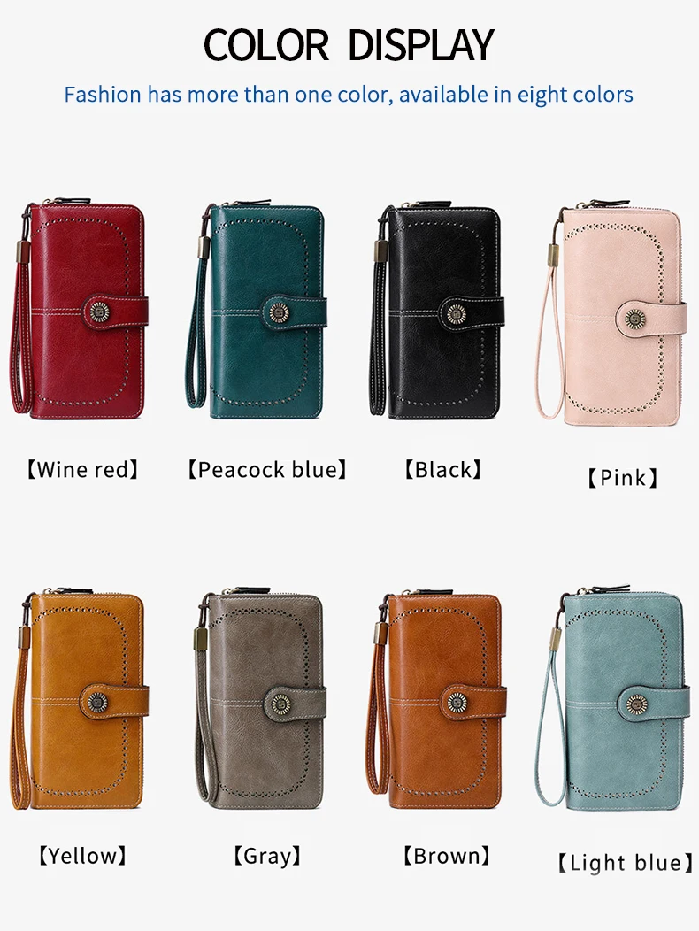 RFID Retro Three Fold Large Capacity Long Wallet Fashionable Solid Color Women's Wallet Multifunctional Zipper Buckle Wallet