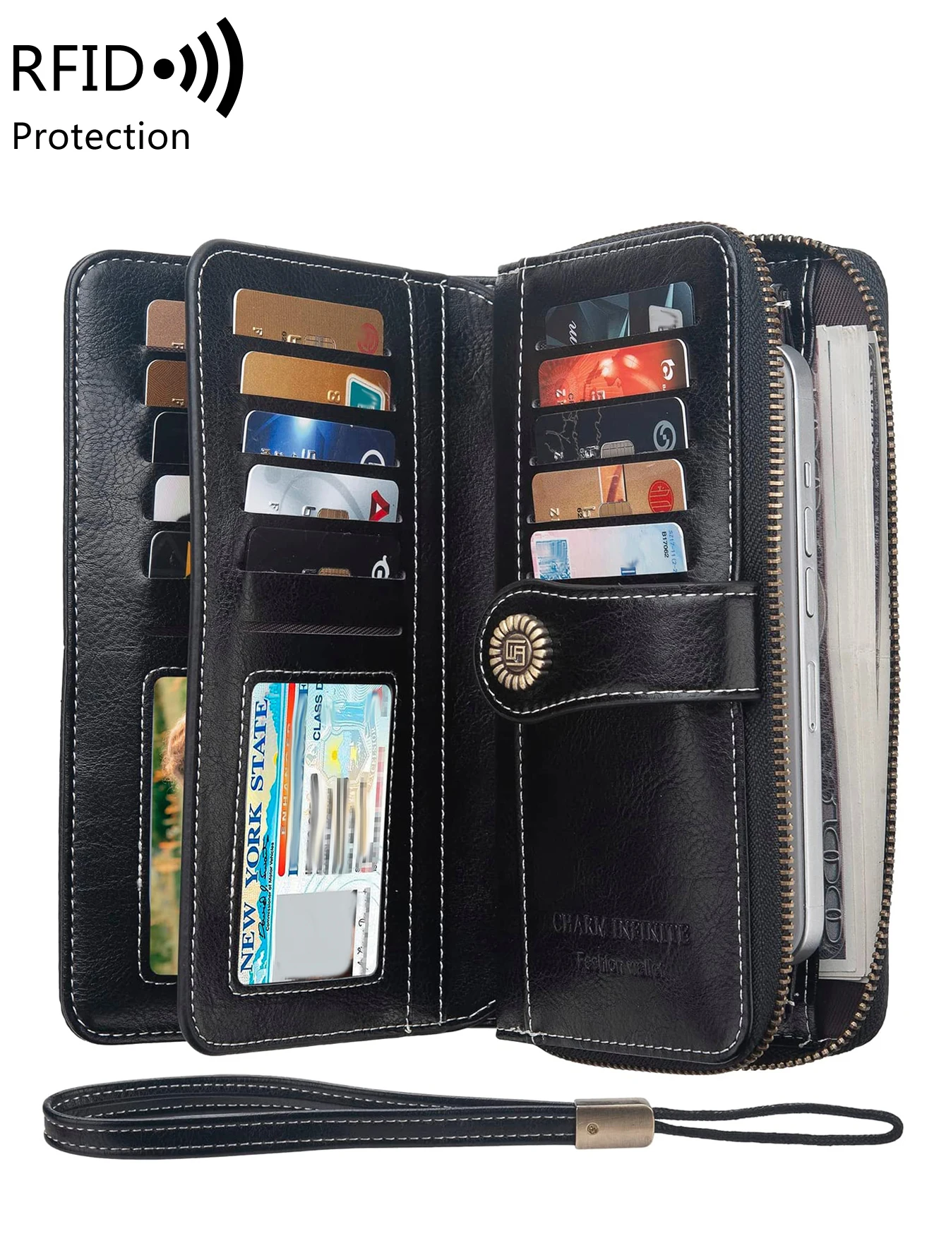 RFID Retro Three Fold Large Capacity Long Wallet Fashionable Solid Color Women's Wallet Multifunctional Zipper Buckle Wallet