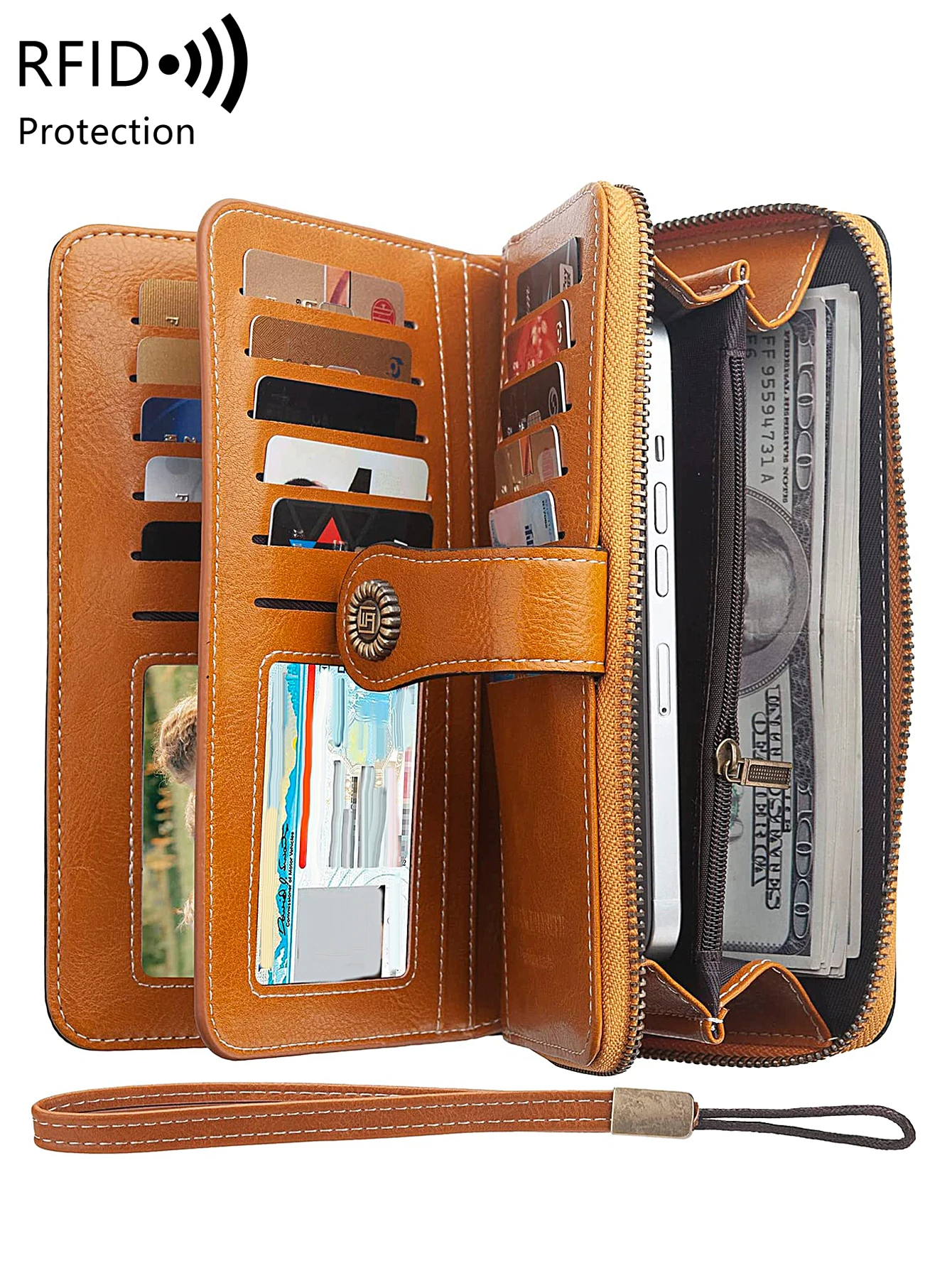 RFID Retro Three Fold Large Capacity Long Wallet Fashionable Solid Color Women's Wallet Multifunctional Zipper Buckle Wallet