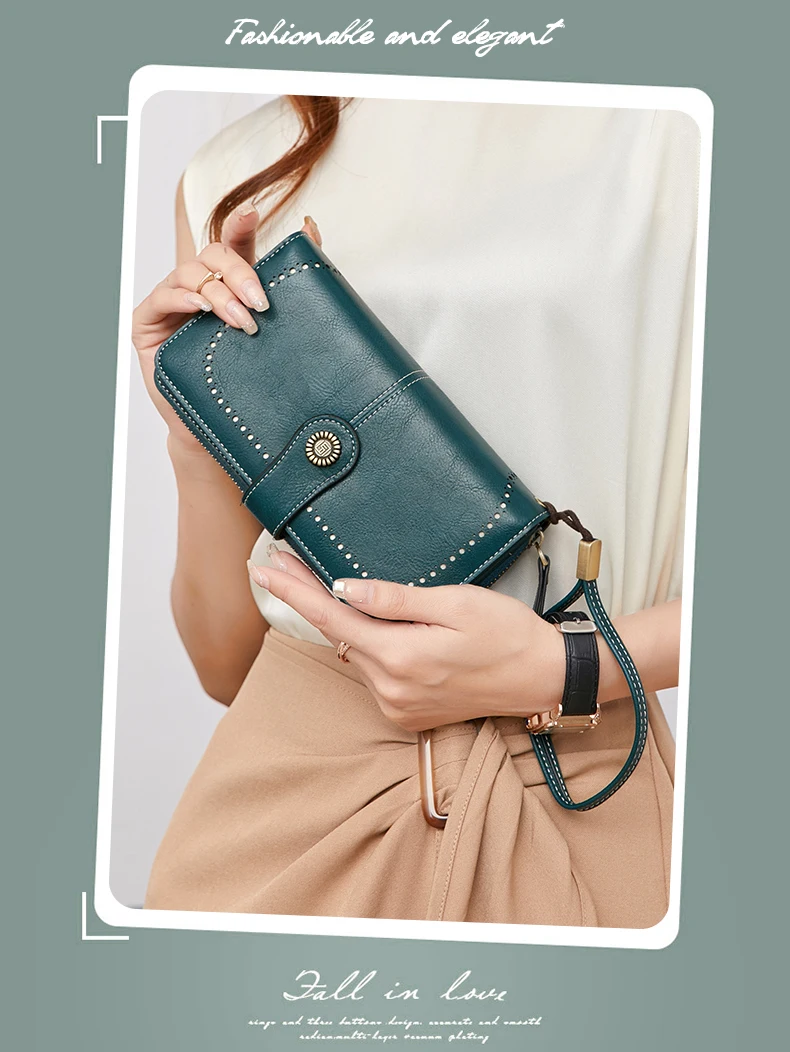RFID Retro Three Fold Large Capacity Long Wallet Fashionable Solid Color Women's Wallet Multifunctional Zipper Buckle Wallet